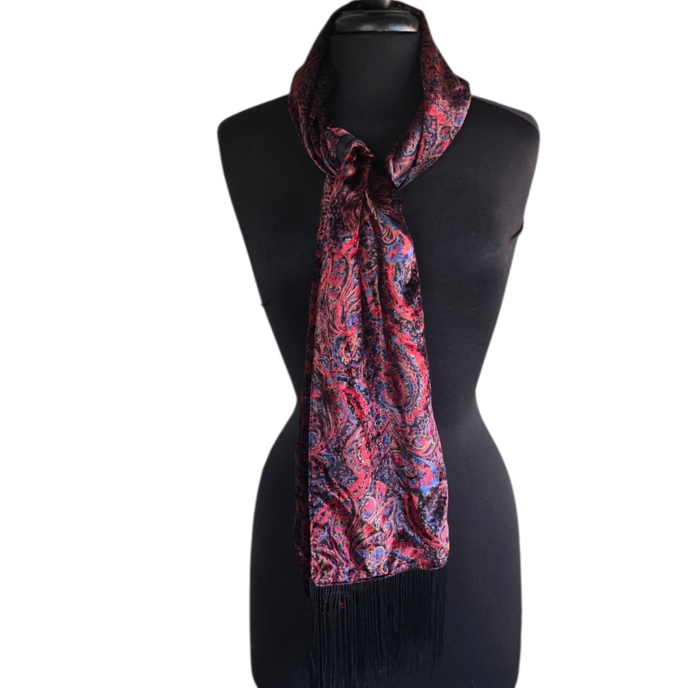 Vintage Whimsigoth Velvet Red and Blue Paisley Scarf Fringe Boho Chic Bohemian